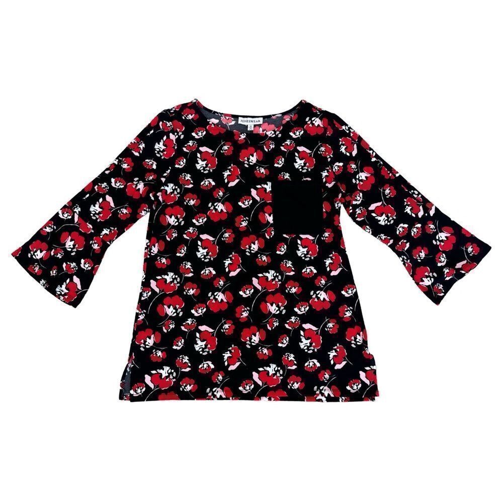 Jones Wear Black Red Poppy Floral Blouse Lipstick Combo Medium NWT